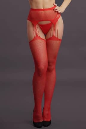 Lingerie Le Désir - Suspender Rhinestone Pantyhose Red OS - Open tights with shiny stones