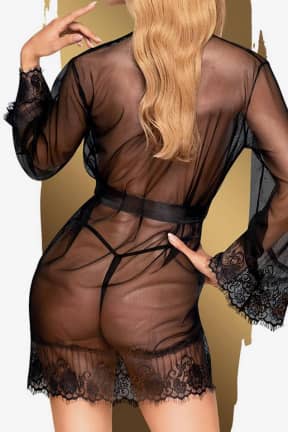 Lingerie Penthouse Hypnotic power black - Transparent kimono with lace edges and matching thongs
