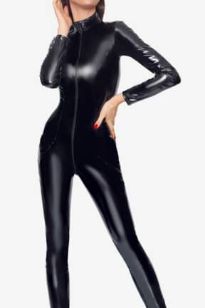 Lingerie Black Level Vinyl Jumpsuit - Catsuit with front zipper and opening for the butt