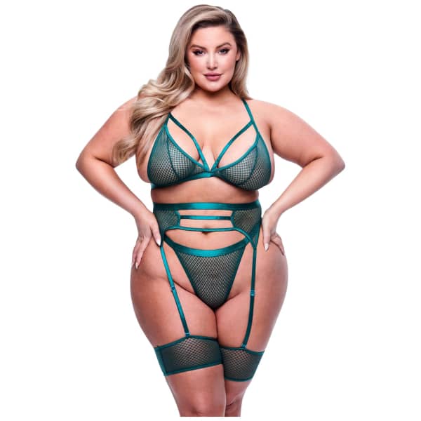 3PC Strappy Bra Garter & Panty Set Green Queen