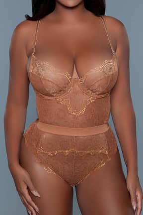 Lingerie BeWicked Bettany Bodysuit Caramel - Spetsbody med cut-outs