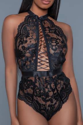 Lingerie BeWicked Margot Bodysuit Black - Halterneck body i spets