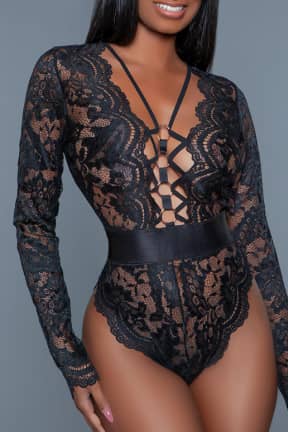 Lingerie BeWicked Ramona Bodysuit Black - Långärmad spetsbody