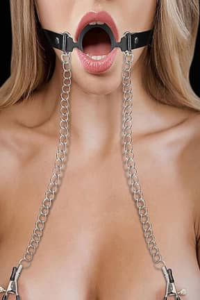 BDSM O-Ring Ball Gag w. Nipple Clamps