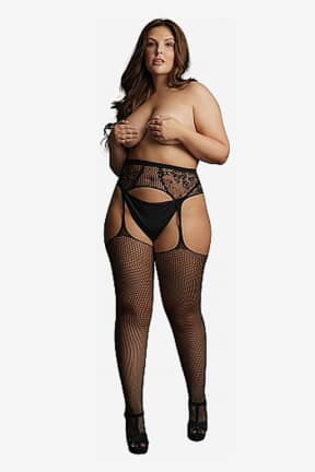 Lingerie Le Désir Fishnet and Lace Garterbelt Stockings OSX - Sexy Bodystockings