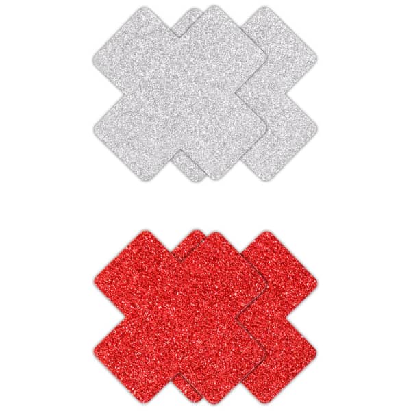 Glitter Cross Pasties Silver & Red 2 Pair