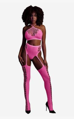 Lingerie Glow In The Dark Two Piece With Crop Top And Stockings Pink - Sexy underwear