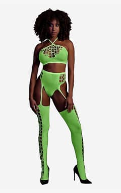 Lingerie Glow In The Dark Two Piece With Crop Top And Stockings Green - Sexy underwear