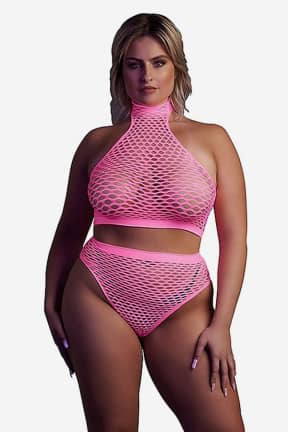 Lingerie Glow In The Dark Turtle Neck And High Waist Slip Pink