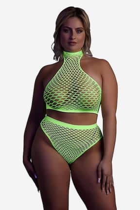 Lingerie Glow In The Dark Turtle Neck And High Waist Slip Green