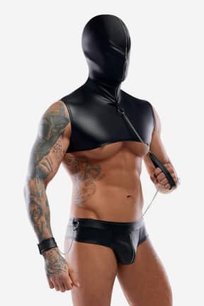 Lingerie Bondage Set Matte Black - Bondage set for men! Hood and thong with zippers and a sexy matte cropped top. Leash and handcuffs included.