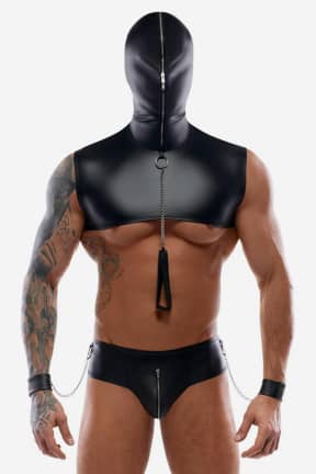 Lingerie Bondage Set Matte Black - Bondage set for men! Hood and thong with zippers and a sexy matte cropped top. Leash and handcuffs included.