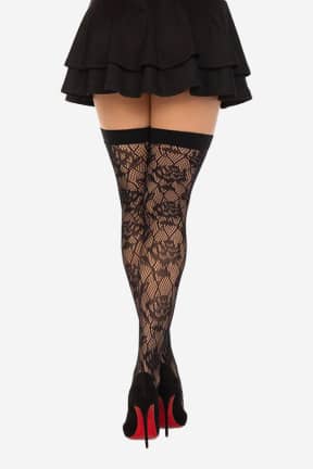 Lingerie Wild Rose Net Thigh Highs Black - Stayups with floral lace