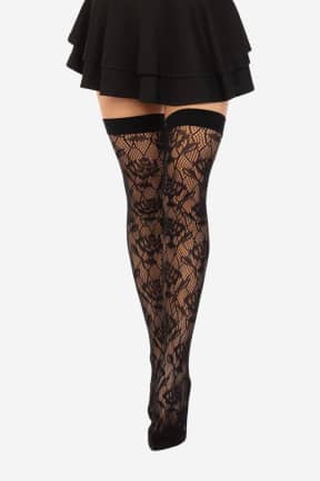 Lingerie Wild Rose Net Thigh Highs Black - Stayups with floral lace