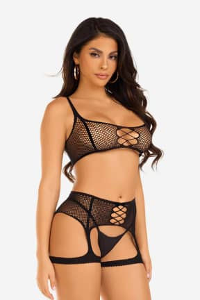 Lingerie Top And Garter Harness Black - Fishnet style bra and suspenders