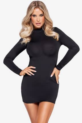 Lingerie Cottelli Party - Dress Chains - Black - L - Long-sleeve deep-back mini with detachable gold chains—comfy stretch, endless looks.