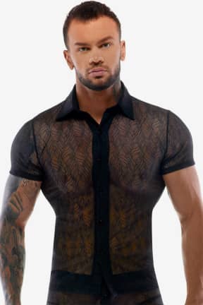 Lingerie Svenjoyment - Men's Shirt Buttons - Transparent - Sheer black stretch lace clings close for a sculpted, photo-ready silhouette. Clear buttons keep the view uninterrupted so you can tease, layer, and reveal on your terms.