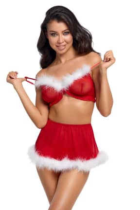 Cottelli Lingerie - Set X-Mas - Flirty red mesh hugs your curves while soft white feathers tease every glance.  
Stretchy, adjustable fit shapes your body and turns any night into a festive fantasy.
