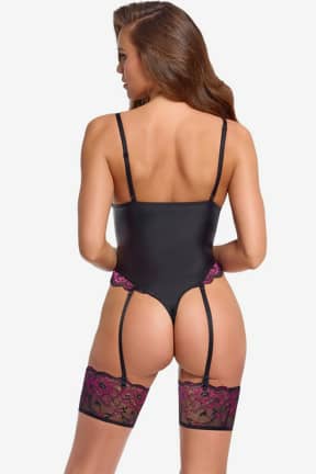 Cottelli Lingerie - Matte Look With Lace Body - Pink And Black - Matte-look lace hugs your curves in pink-and-black for instant, flirty confidence. Removable garters switch up your vibe, with stretch that snaps back wash after wash.