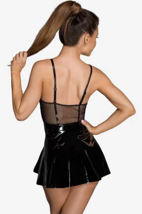 Lingerie Noir Vinyl Mini Dress Black - High-gloss wet-look vinyl that turns heads the second you walk in.  
Bustier boning, stretch fit, and a two-way zip keep you sculpted and in control.