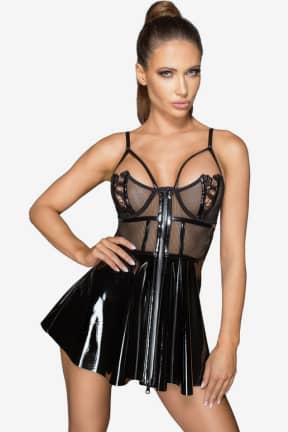Lingerie Noir Vinyl Mini Dress Black - High-gloss vinyl hugs your curves with comfy stretch for instant, photo-ready heat. Slide the two-way zipper up or down for a perfectly teasing reveal.