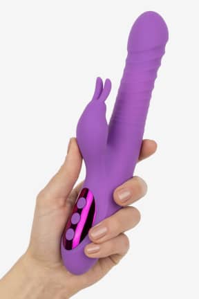 All Teazers – Thrusting, Warming Rabbit Vibrator – Purple - Thrusting action, warming bliss, and a flexible bunny arm team up for toe-curling dual pleasure. Separate controls with 10 thrust and 10 vibe modes let you dial in the perfect finish.