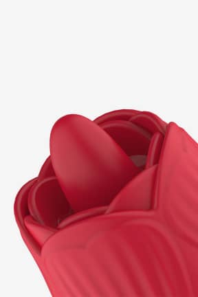 All Teazers – Rose Thrusting Dildo Vibrator – Red - Feel full and tingly at once with thrusting inside and a rose tip that teases outside. USB-rechargeable and waterproof, with multiple modes for playful, easy-to-clean fun.