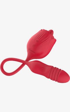 All Teazers – Rose Thrusting Dildo Vibrator – Red - Feel full and tingly at once with thrusting inside and a rose tip that teases outside. USB-rechargeable and waterproof, with multiple modes for playful, easy-to-clean fun.