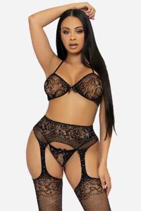All Leg Avenue - Lace Bra, String and Garter Belt Stockings - Slip into instant sparkle with a rhinestone lace set plus fishnet garters, all perfectly matched.  
Stretchy and breathable, it’s an easy one-and-done look that steals the spotlight.