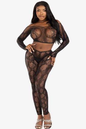 All Leg Avenue - Python Crop Top & Footless Tights - Slip into semi-sheer lace and fishnet that hugs your curves and turns heads fast. Mix the crop top and high-waist tights your way for a bold, playful look.