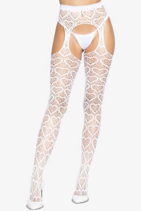 All Leg Avenue - Heart Net Suspender Hose White - Flirty heart-net and built-in suspender look gives instant garter drama, no belt needed. Ultra-soft, stretchy and breathable with a reinforced toe for all-night confidence.