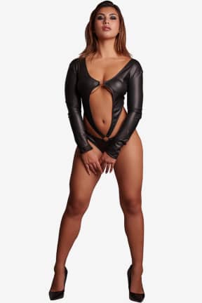All Le Désir -  Mollie - PVC Crotchless Body - One Size - Black - Glossy black wet-look shine hugs your curves for instant, daring confidence. Open-crotch design keeps the heat going without taking it off.