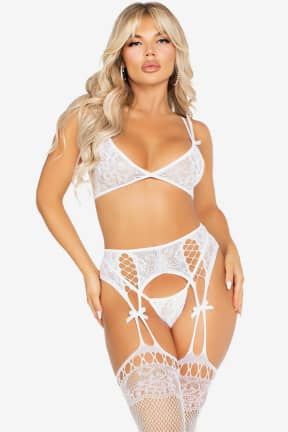 All Leg Avenue - Bra Top, String and Garter Belt Stockings - Slip into a complete 3-piece lace look with bralette, G-string, and garter-top stockings included. One-size stretch hugs and teases in all the right places for instant, romantic confidence.