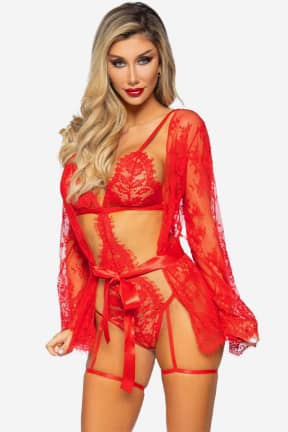 All Leg Avenue - Garter Teddy with String Back and Robe Red - Sheer floral lace with a cheeky thong back and built-in garters for instant wow. Gift-ready luxury box, plus a matching robe and ribbon tie for flirty options.