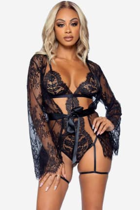 All Leg Avenue - Garter Teddy with String Back and Robe Black - Sheer eyelash lace, a cheeky thong back, and attached garters for instant, head-turning heat. Comes with a matching robe and ribbon tie in a luxe box, plus adjustable straps for a just-right fit.