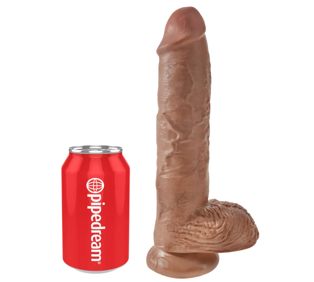 King Cock 10" Cock with Balls next to a drinks can for size